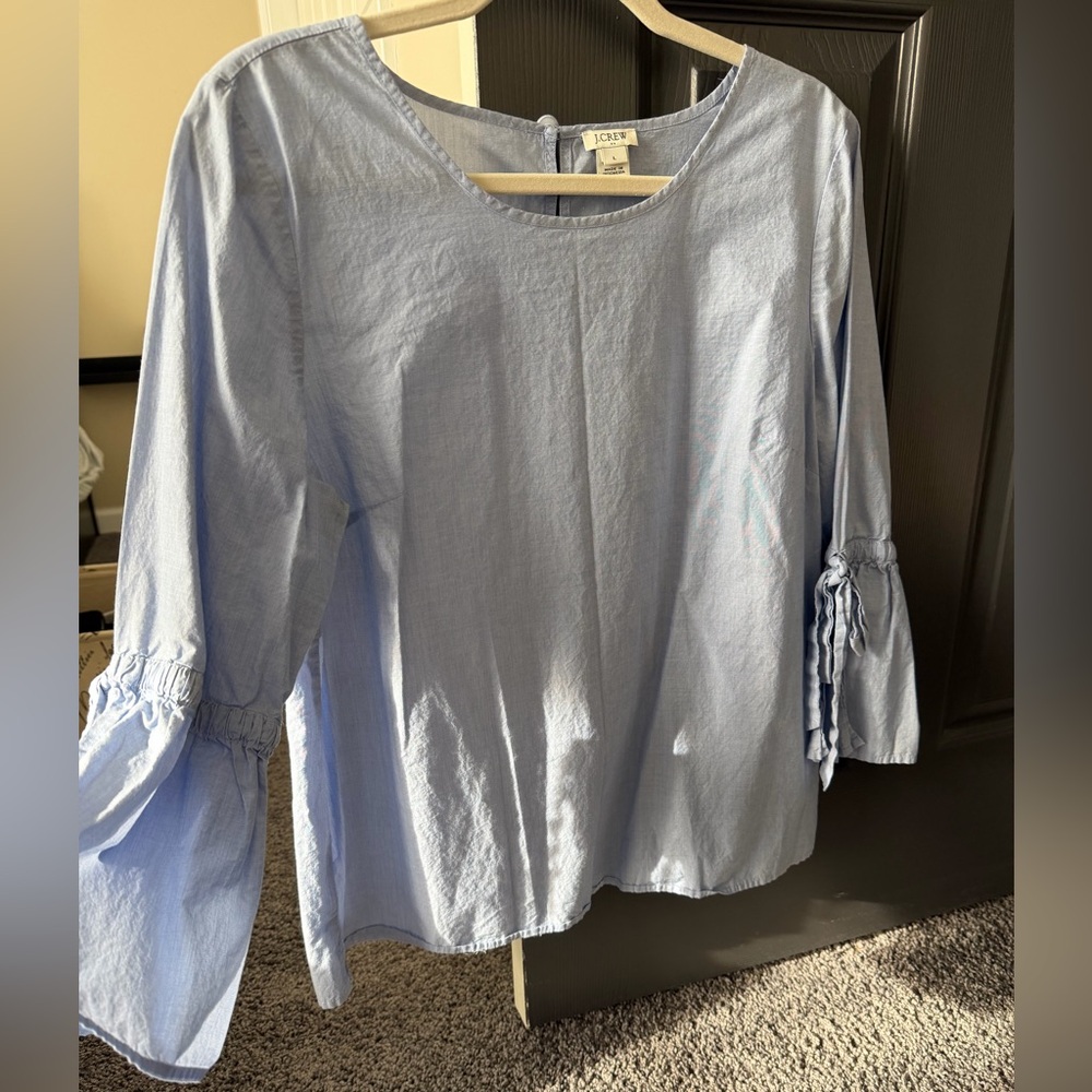 J.Crew Chambray Bell Sleeve Tie Top Light Blue Cotton Blouse Boho Preppy Size L - Picture 3 of 10
